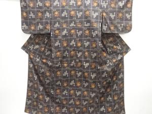 格子に花・井桁絣織り出し手織り節紬着物